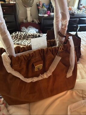 Marc Jacobs Cognac Suede Ruched Tote with Gold-Tone Accent